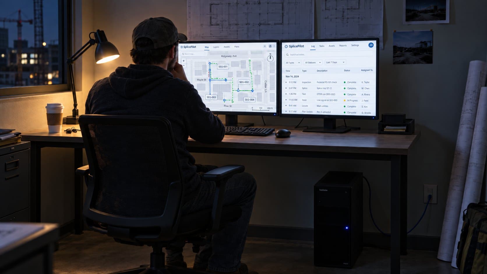 Two monitors running the SplicePilot console in a contractor's office at night, one showing a plan sheet, the other the day's activity.