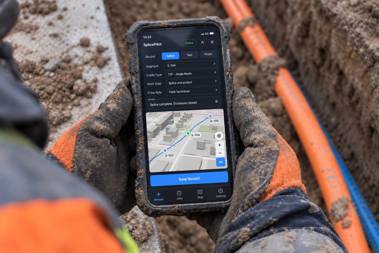 A crew lead in muddy gloves holding a rugged phone at the edge of an open trench, with orange and blue conduit laid in the cut.