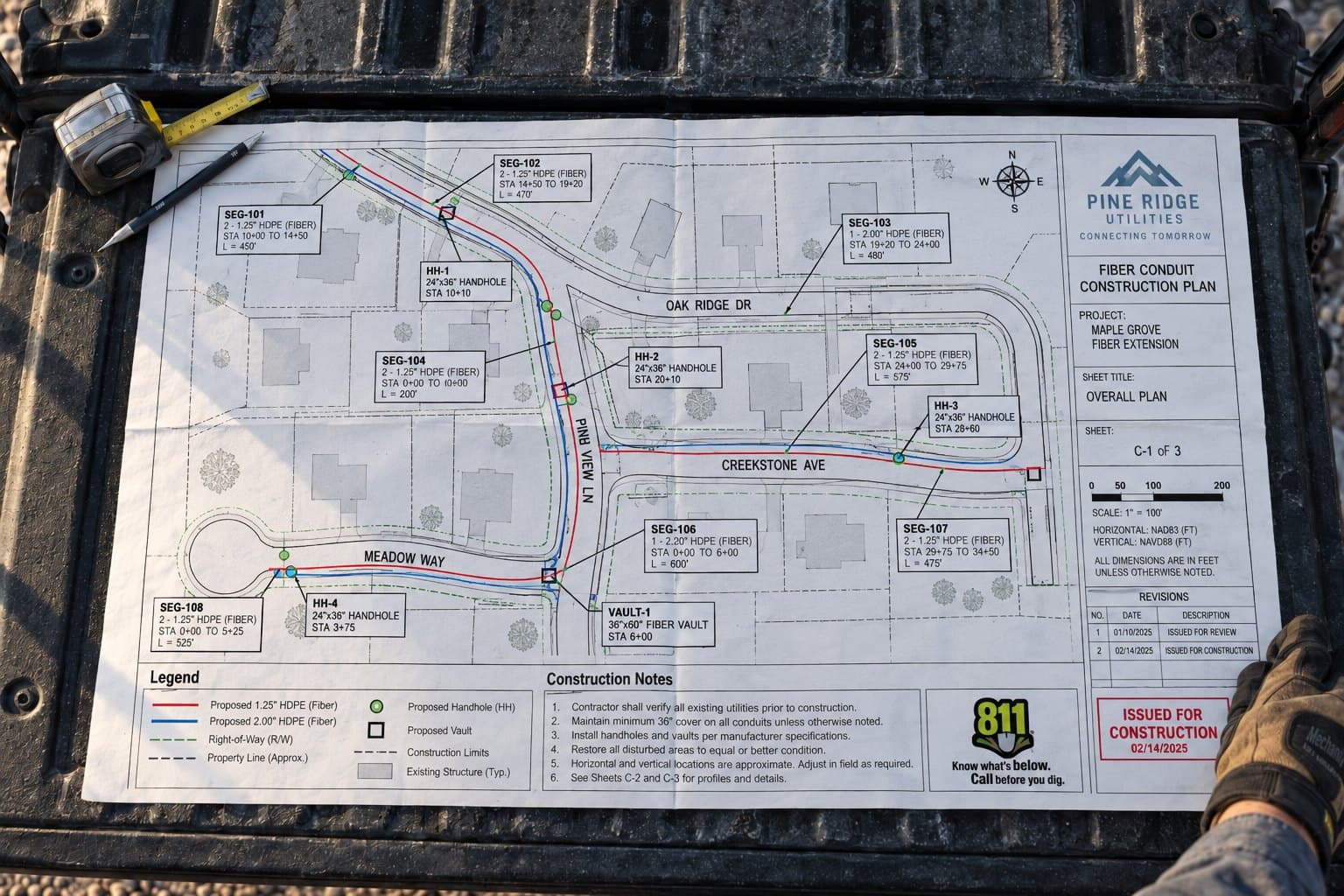 A fibre conduit construction plan sheet spread flat on a truck tailgate, with a tape measure and pencil across one corner.